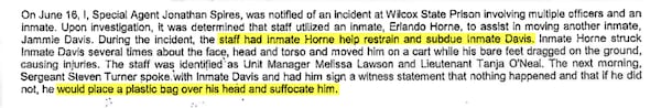 An arrest warrant indicates two high-ranking GDC officers allowed an inmate to strike an inmate they were transporting. Another officer has been charged with trying to cover it up.