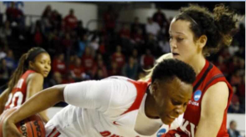 Ohio State's Shayla Cooper, left, is pressured by Western Kentucky's Kendall Noble during a first-round game in the women's NCAA college basketball tournament in Lexington, Ky., Friday, March 17, 2017. Ohio State won 70-63.