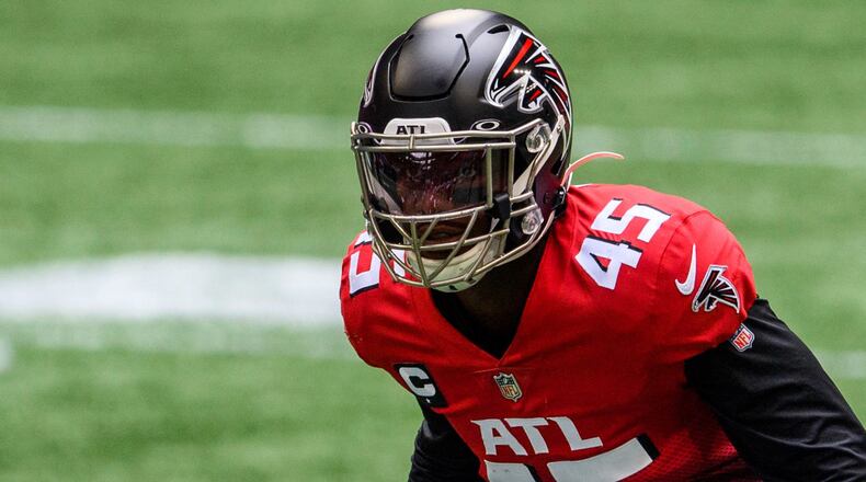 Falcons linebacker Deion Jones (45) lines up during the first half of an NFL football game against the Detroit Lions, Sunday, Oct. 25, 2020, in Atlanta. The Detroit Lions won 23-22. (AP Photo/Danny Karnik)