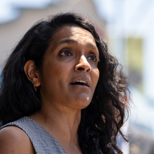 Los Angeles mayoral candidate Nithya Raman talks to reporters after a campaign event in Los Angeles, Monday, June 1, 2026. (AP Photo/Jae C. Hong)