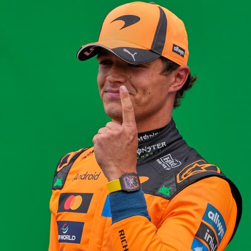 McLaren driver Lando Norris of Britain reacts after winning the pole position in the qualifying for the Formula One Dutch Grand Prix in Zandvoort , Netherlands, Saturday, Aug. 22, 2026. (AP Photo/Darko Bandic)