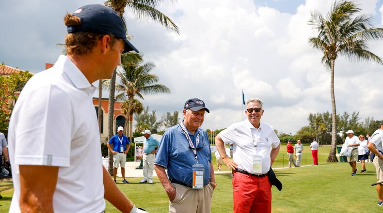 (L-R) Tyler Strafaci, Jack Nicklaus and Walker Cup captain Nathaniel Crosby chat during a practice round at the 2021 Walker Cup at Seminole Golf Club in Juno Beach, Fla. on Thursday, May 6, 2021. (Chris Keane/USGA)