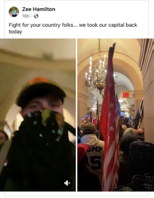 Zylas Hamilton, 31 of Blue Ridge, was arrested Jan. 26, 2024, on charges related to the Jan. 6, 2021, U.S. Capitol riot. Authorities say Hamilton livestreamed his entry into the Capitol on Facebook.