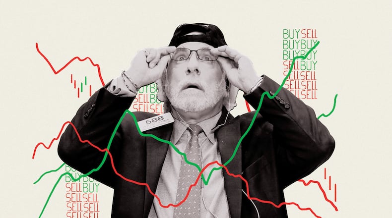 The stock market has be volatile after the Trump administration announced its tariff plan. (Graphic illustration, Philip Robibero/AJC and Getty Images)