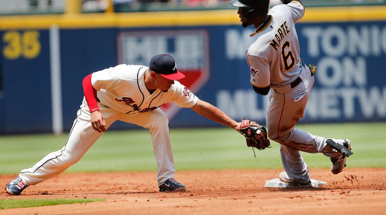 Pittsburgh Pirates' Starling Marte (6) steals second base as Atlanta Braves second baseman Jace Peterson pplies the late tag in the first inning of a baseball game Sunday, June 7, 2015, in Atlanta. (AP Photo/John Bazemore)