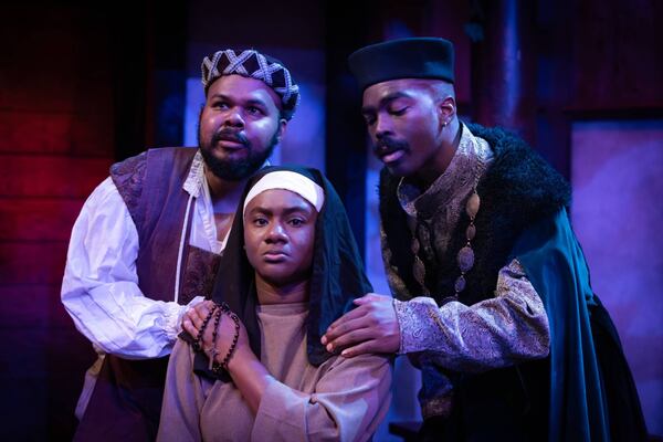 The Atlanta Shakespeare Company will perform the dark comedy “Measure for Measure” on Saturday, Sept. 12 through Sunday, Sept. 27. The cast includes (from left) O'Neil Delapenha, Jasmine Renee Ellis and Tyren Duncan. (Jeff Watkins/Courtesy of Atlanta Shakespeare Company)