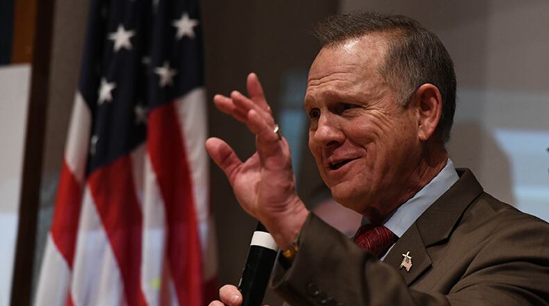 Republican candidate for US Senate Roy Moore addresses supporters after a historic loss to Democrat Doug Jones on Dec. 12, 2017 in Montgomery, Ala.