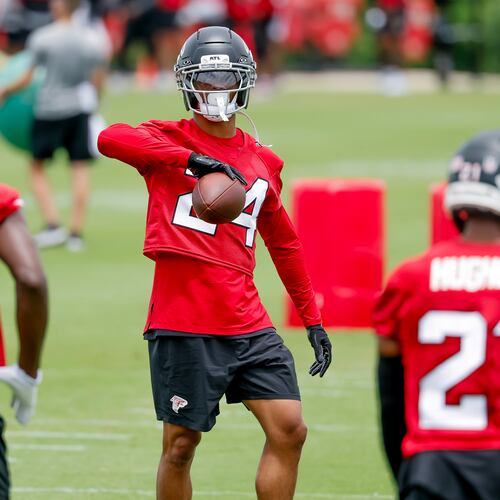 Falcons cornerback A.J. Terrell (center) practices Monday, June 8, 2026, in Flowery Branch. (Erik S. Lesser for the AJC)