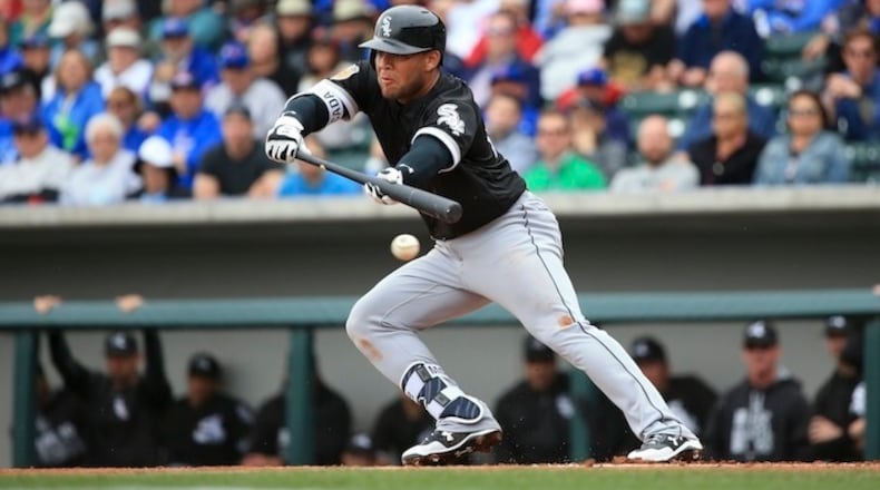 Yoan Moncada at the plate during the second inning of an exhibition game against the Chicago Cubs at spring training on February 27, 2017, in Mesa, Ariz. (Armando L. Sanchez/Chicago Tribune/TNS)