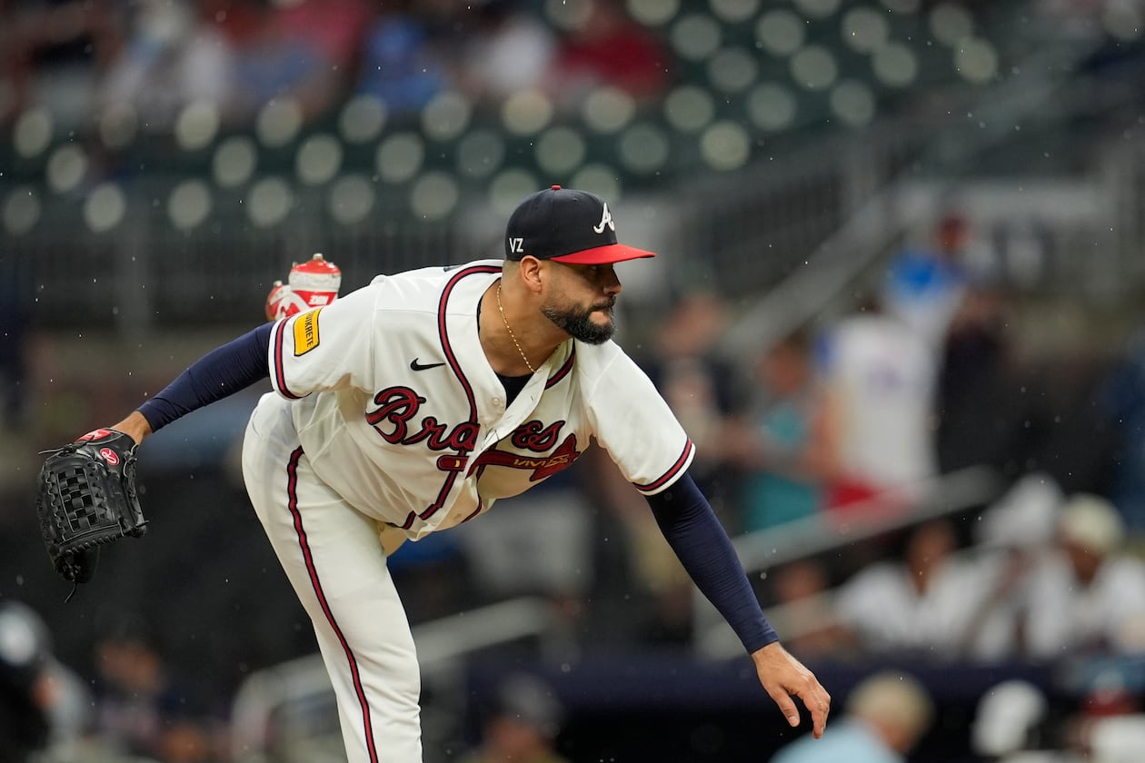 Atlanta Braves pitcher Martín Pérez (33) works against the New York Mets in the first inning of a baseball game, Tuesday, Aug. 11, 2026, in Atlanta. (Mike Stewart/AP)