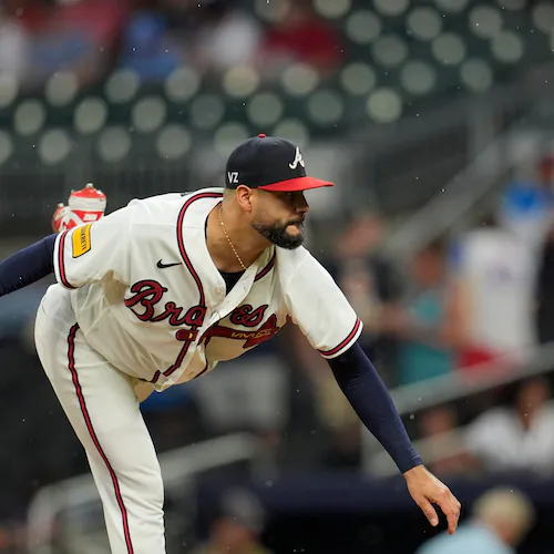 Atlanta Braves pitcher Martín Pérez (33) works against the New York Mets in the first inning of a baseball game, Tuesday, Aug. 11, 2026, in Atlanta. (Mike Stewart/AP)