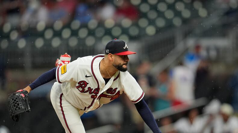 Atlanta Braves pitcher Martín Pérez (33) works against the New York Mets in the first inning of a baseball game, Tuesday, Aug. 11, 2026, in Atlanta. (Mike Stewart/AP)