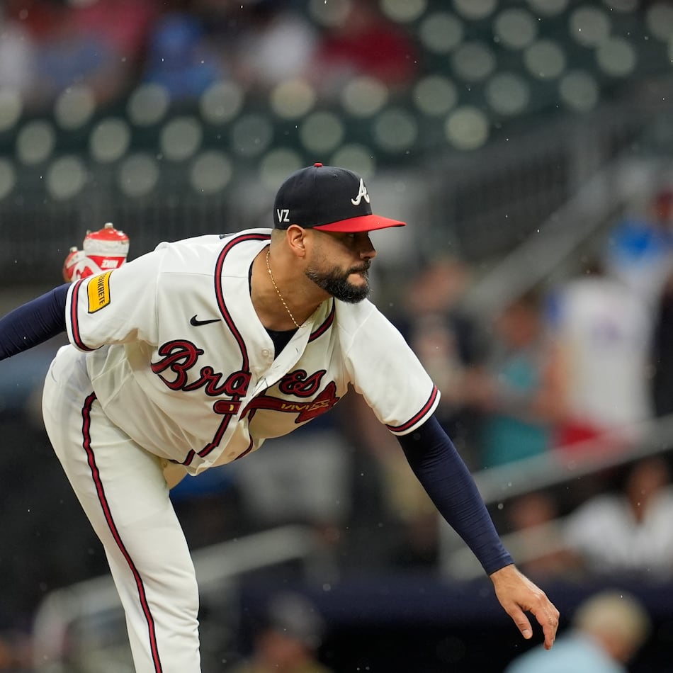 Atlanta Braves pitcher Martín Pérez (33) works against the New York Mets in the first inning of a baseball game, Tuesday, Aug. 11, 2026, in Atlanta. (Mike Stewart/AP)