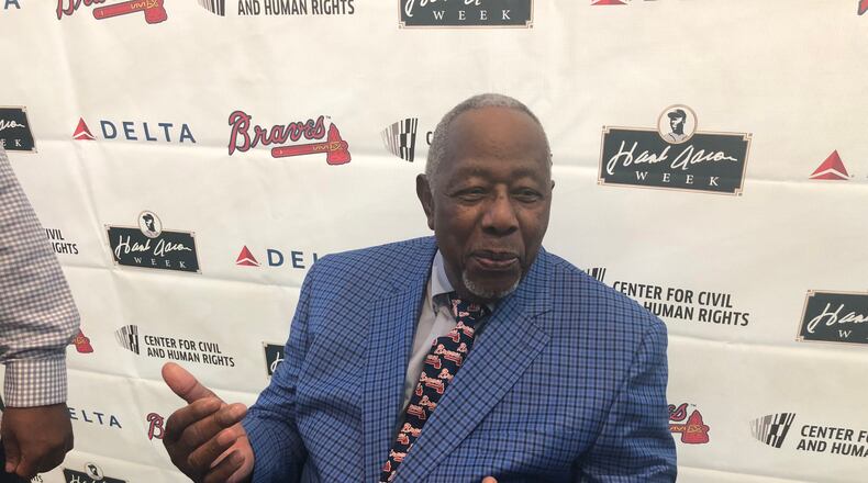Former Braves great and Hall of Famer Hank Aaron was on hand Friday for humanitarian and social justice awards that are named in his honor at the Center for Civil Rights and Human Rights in Atlanta.