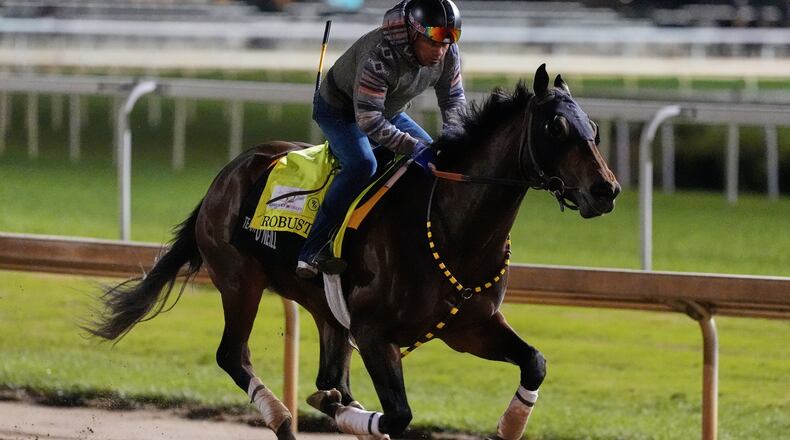 Kentucky Derby alternate Robusta works out at Churchill Downs Thursday, April 30, 2026, in Louisville, Ky. (AP Photo/Charlie Riedel)