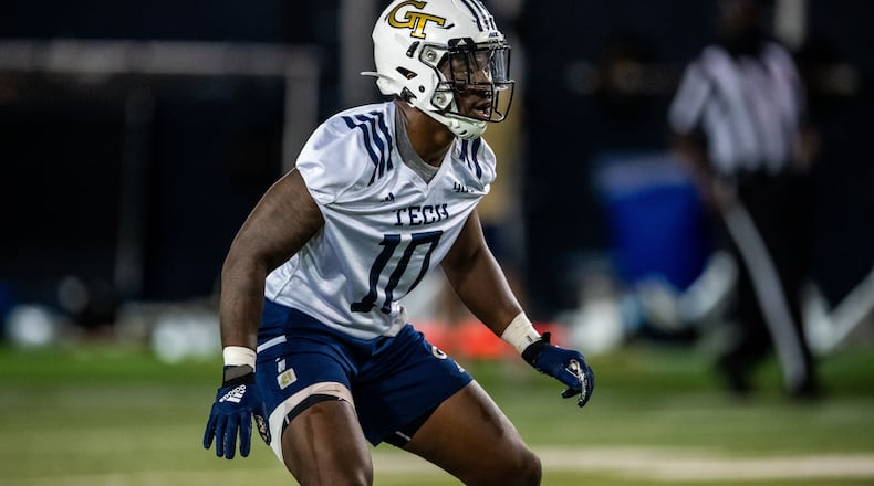 Georgia Tech linebacker Ayinde Eley at the first day of spring practice on March 30, 2021. (Danny Karnik/Georgia Tech Athletics)