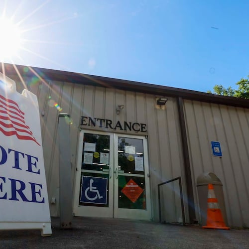 A voting sign is seen at the Thompson Community Center during the Georgia Public Service Commission’s special election for two of the five seats on Tuesday, June 17, 2025.
(Miguel Martinez/ AJC)