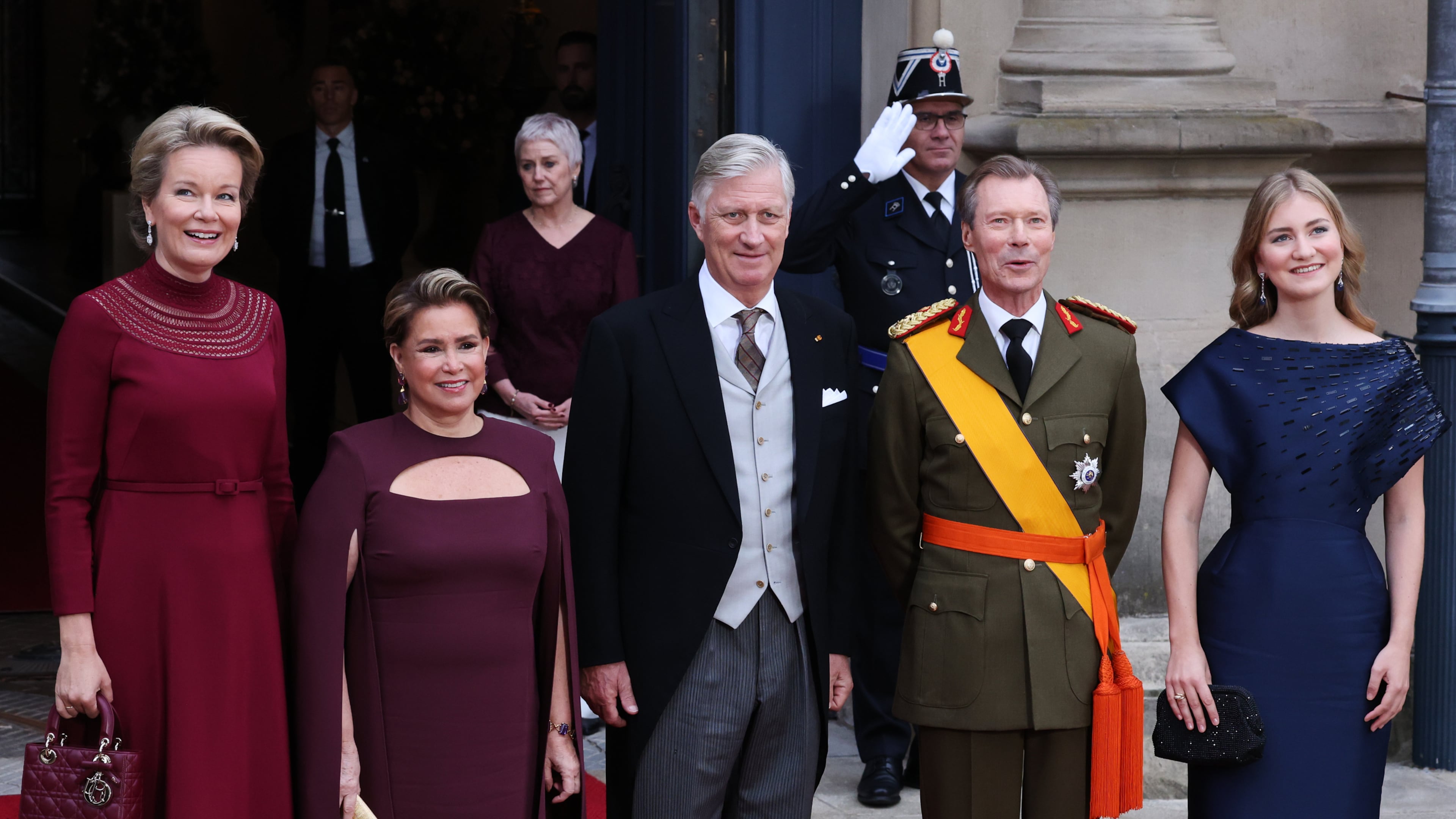 From left, Belgium's Queen Mathilde, Luxembourg's Grand Duchess Maria Teresa, Belgium's King Philippe, Luxembourg's Grand Duke Henri and Belgium's Princess Elisabeth pose during arrivals for the abdication and enthronement ceremony of the Grand Duke of Luxembourg at the Grand Ducal Palace in Luxembourg, Friday, Oct. 3, 2025. (AP Photo/Omar Havana)
