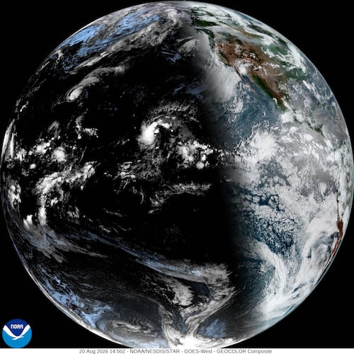 This satellite image provided by NOAA shows Hurricane Lala on Thursday, Aug. 20, 2026, in the Pacific Ocean northeast of Hawaii. (NOAA via AP)