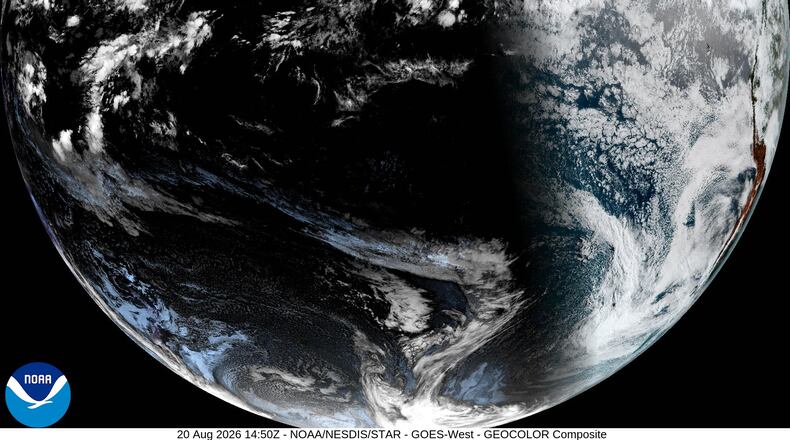 This satellite image provided by NOAA shows Hurricane Lala on Thursday, Aug. 20, 2026, in the Pacific Ocean northeast of Hawaii. (NOAA via AP)