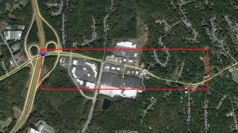 Map depicts the area where the eastbound turn lane of Cumming Highway (Ga. 20) east of Canton will be closed at night through Friday for an ongoing road-widening project.