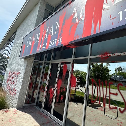 FILE - Pro-Palestinian graffiti mars the outside of the Goodman Acker law offices, June 3, 2024, in Southfield, Mich., just north of Detroit. (AP Photo/Corey Williams, File)