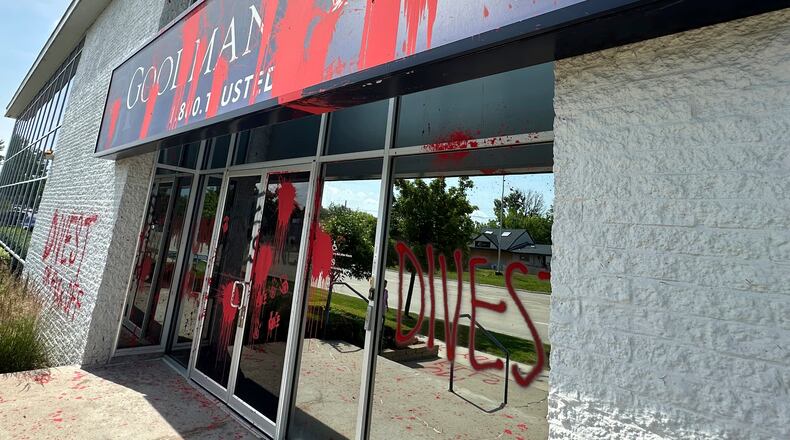 FILE - Pro-Palestinian graffiti mars the outside of the Goodman Acker law offices, June 3, 2024, in Southfield, Mich., just north of Detroit. (AP Photo/Corey Williams, File)