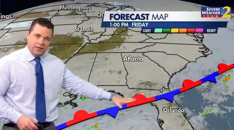 Channel 2 Action News meteorologist Brian Monahan said a cold front will keep North Georgia soggy Friday.