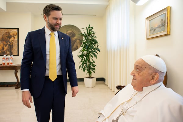 Pope Francis receives U.S. Vice President JD Vance before bestowing the Urbi et Orbi (Latin for to the city and to the world) blessing at the end of the Easter mass presided over by Cardinal Angelo Comastri in St. Peter's Square at the Vatican Sunday, April 20, 2025. At center the head of the papal houshold Bishop Leonardo Sapienza. (Vatican Media via AP, HO)