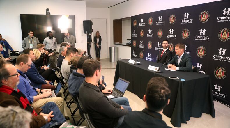 January 14, 2019 - Marietta, Ga: Atlanta United head coach Frank de Boer, right, speaks to members of the media at the Children's Healthcare of Atlanta Training Ground Monday, January 14, 2019, in Marietta, Ga.. (JASON GETZ/SPECIAL TO THE AJC)