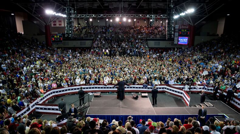 Republican presidential candidate Donald Trump speaks at a rally at Valdosta State University in Valdosta, Ga., Monday, Feb. 29, 2016. (AP Photo/Andrew Harnik)