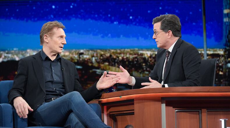 Stephen Colbert and guest Liam Neeson during "The Late Show With Stephen Colbert" in New York on Dec. 16, 2016.