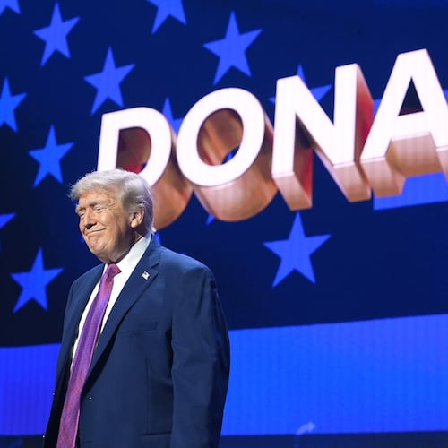 President Donald Trump arrives at a Turning Point USA event at Dream City Church, Friday, April 17, 2026, in Phoenix. (AP Photo/Alex Brandon)