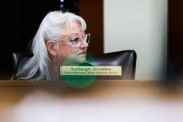 Board Member Salleigh Grubbs listens during a State Election Board meeting at Barrow County Historic Courthouse in Winder, on Wednesday, Feb. 18, 2026. (Abbey Cutrer/AJC)