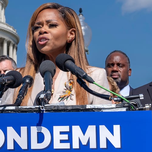 FILE - Rep. Sheila Cherfilus-McCormick, D-Fla., condemns hate speech and misinformation about Haitian immigrants during a news conference at the Capitol in Washington, Sept. 20, 2024. (AP Photo/J. Scott Applewhite, File)