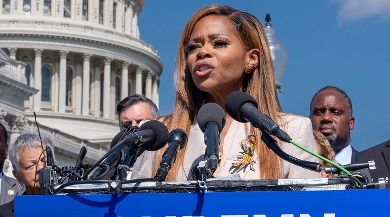 FILE - Rep. Sheila Cherfilus-McCormick, D-Fla., condemns hate speech and misinformation about Haitian immigrants during a news conference at the Capitol in Washington, Sept. 20, 2024. (AP Photo/J. Scott Applewhite, File)