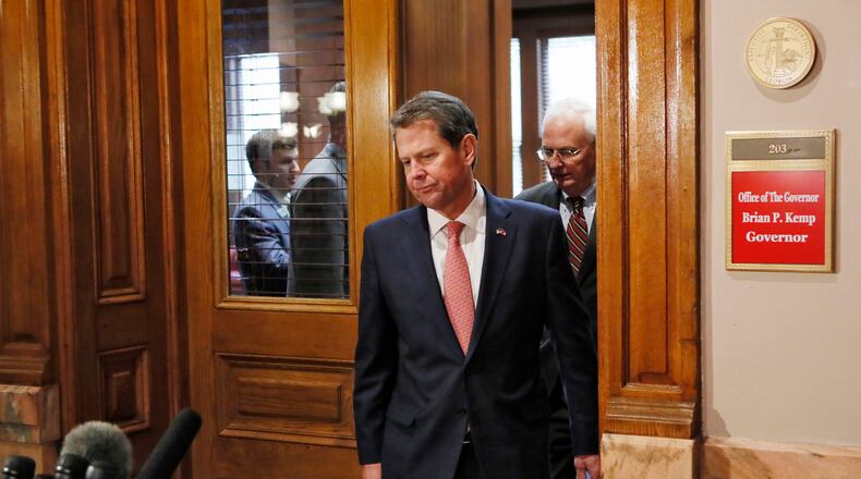 Gov. Brian Kemp at a press conference in the state Capitol earlier this week. Bob Andres, bandres@ajc.com