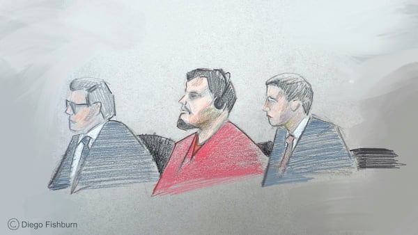 This courtroom sketch depicts, from left, attorney Sean Hecker, Kilmar Abrego Garcia and attorney Rascoe Dean in court during Garcia's detention hearing on Wednesday, June 25, 2025, in Nashville, Tenn. (AP Photo/Diego Fishburn)