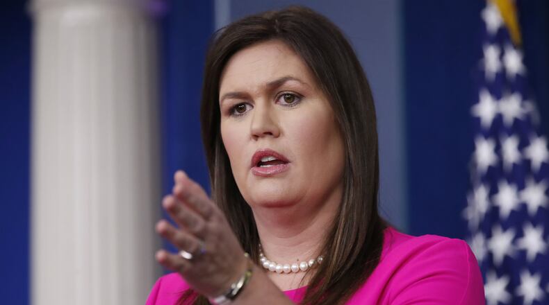 White House press secretary Sarah Huckabee Sanders speaks during the daily press briefing at the White House, Monday, July 23, 2018, in Washington.