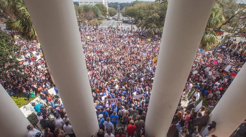 Protesters rally against gun violence on the steps of the old Florida Capitol in Tallahassee, Fla., on Wednesday. AP/Mark Wallheiser