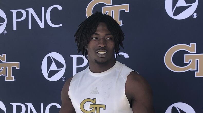 Georgia Tech linebacker Charlie Thomas speaks with reporters at Bobby Dodd Stadium after practice Nov. 23, 2022. (AJC photo by Ken Sugiura)