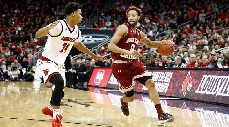 Ky Bowman  of the Boston College Eagles dribbles the ball against the Louisville Cardinals at KFC YUM! Center on January 21, 2018 in Louisville, Kentucky.  (Photo by Andy Lyons/Getty Images)