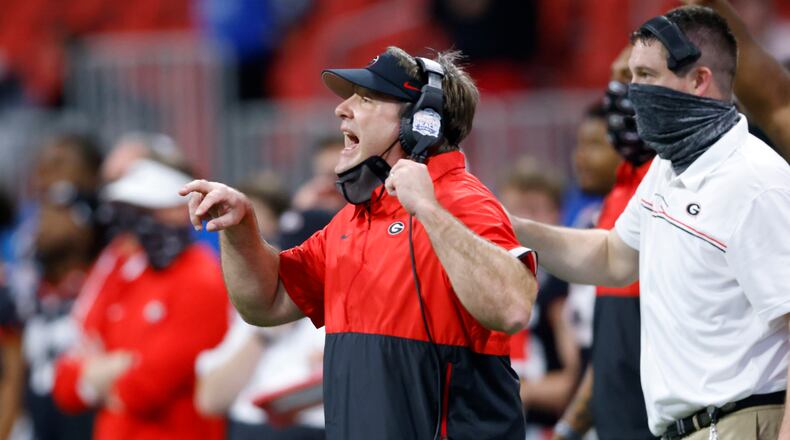Head coach Kirby Smart of the Georgia Bulldogs reacts to a play during the 2020 Chick-fil-A Peach Bowl NCAA football game between the Georgia Bulldogs and Cincinnati Bearcats, Jan. 1, 2021, in Atlanta. (Vasha Hunt via Abell Images for the Chick-fil-A Peach Bowl)