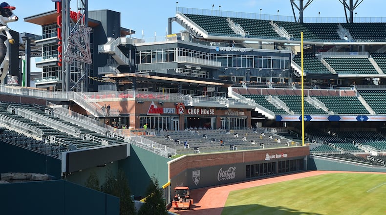 Fox Sports South broadcasters Chip Caray, Jeff Francoeur and Tom Glavine will call Friday night’s game from the seats in front of SunTrust Park’s Chop House.
