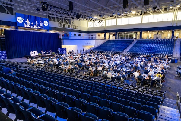 Georgia Southern staged its football preview event for donors on the floor of the university's basketball arena, the Hill Convocation Center. (AJ Henderson/Georgia Southern Athletics)