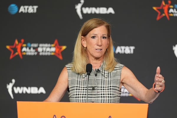 WNBA Commissioner Cathy Engelbert speaks during a news conference before the WNBA All-Star basketball game, Saturday, July 19, 2025, in Indianapolis. (AP Photo/Michael Conroy)