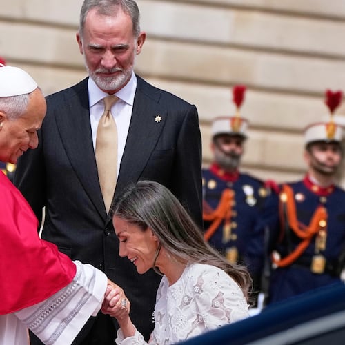 Pope Leo XIV is welcomed by Spain's King Felipe VI and Queen Letizia, as he arrives at the Royal Palace in Madrid, Saturday, June 6, 2026, on the first day of his seven-day apostolic journey to mainland Spain and the Canary Islands. (AP Photo/Alessandra Tarantino)