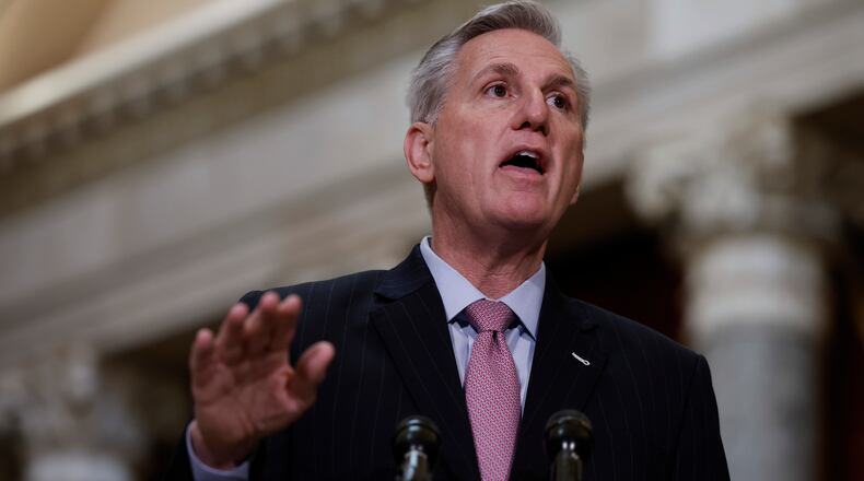U.S. House Speaker Kevin McCarthy, R-Calif., at a news conference in Statuary Hall of the U.S. Capitol Building on Jan. 12, 2023, in Washington, D.C. He will meet with President Joe Biden on Wednesday to discuss the debt ceiling and other issues. (Anna Moneymaker/Getty Images/TNS)