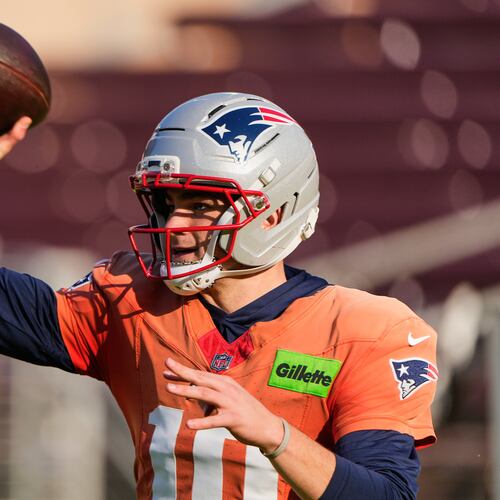 New England Patriots quarterback Drake Maye looks to pass during practice ahead of the Super Bowl 60 NFL football game against the Seattle Seahawks, Wednesday, Feb. 4, 2026, in Stanford, Calif. (Charlie Riedel/AP)