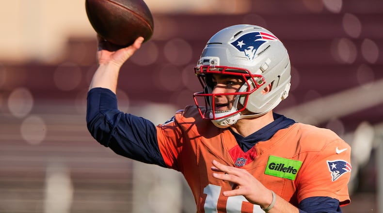 New England Patriots quarterback Drake Maye looks to pass during practice ahead of the Super Bowl 60 NFL football game against the Seattle Seahawks, Wednesday, Feb. 4, 2026, in Stanford, Calif. (Charlie Riedel/AP)